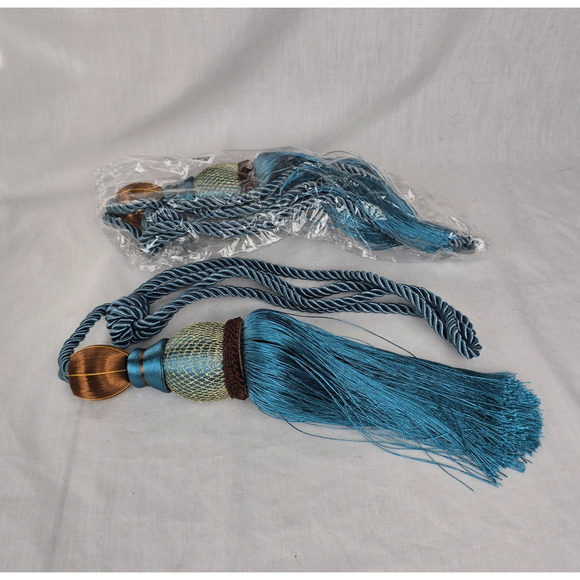 Decorative Curtain Tiebacks Ball Tassels Holdbacks Blue, Gold Bronze Set of 2 - Picture 2 of 7